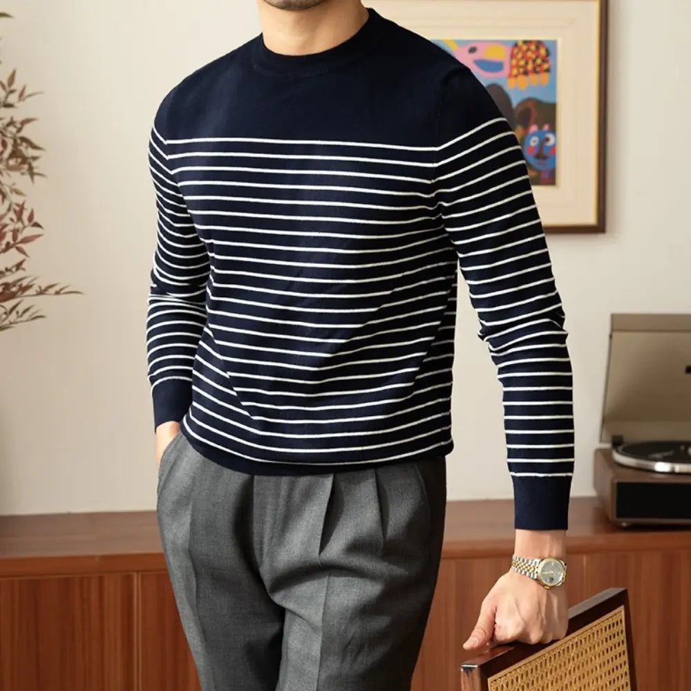 Business Commute Contrast Color Long Sleeves Mens Striped Sweater– White & Navy | Old Money Knitwear Prendersons