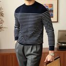 Business Commute Contrast Color Long Sleeves Mens Striped Sweater– White & Navy | Old Money Knitwear Prendersons