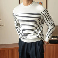 Business Commute Contrast Color Long Sleeves Mens Striped Sweater– White & Navy | Old Money Knitwear Prendersons