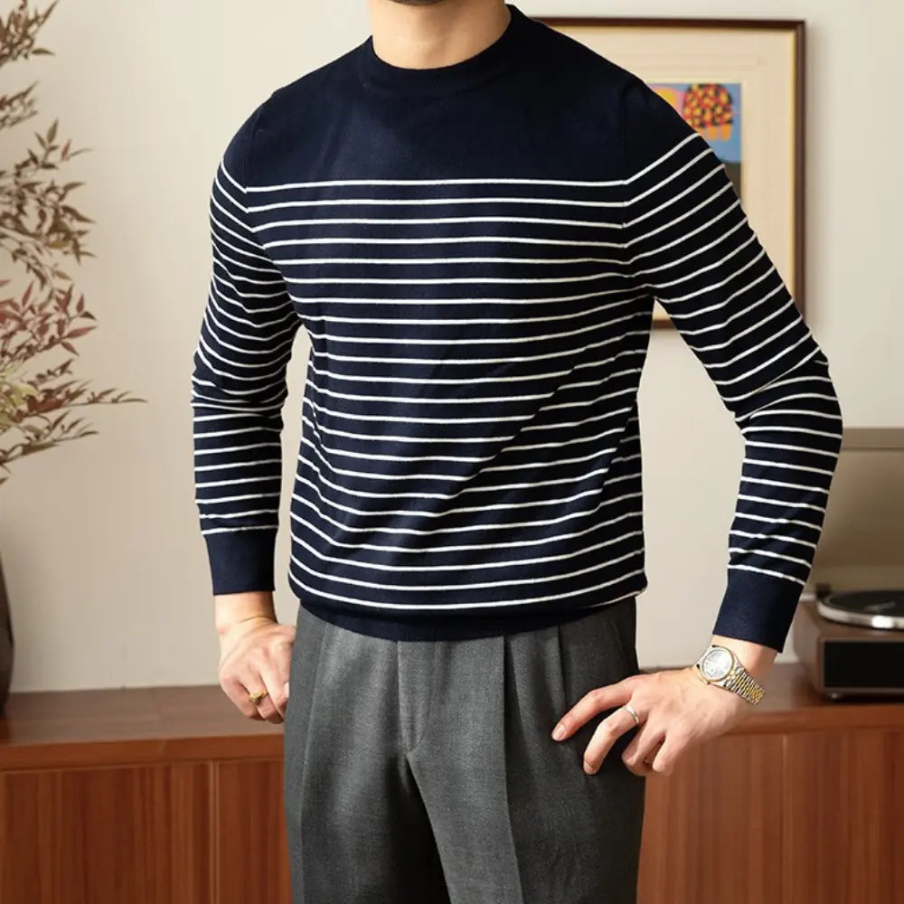 Business Commute Contrast Color Long Sleeves Mens Striped Sweater– White & Navy | Old Money Knitwear Prendersons