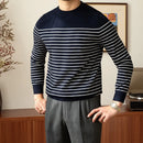 Business Commute Contrast Color Long Sleeves Mens Striped Sweater– White & Navy | Old Money Knitwear Prendersons