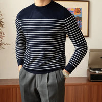 Business Commute Contrast Color Long Sleeves Mens Striped Sweater– White & Navy | Old Money Knitwear Prendersons