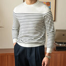 Business Commute Contrast Color Long Sleeves Mens Striped Sweater– White & Navy | Old Money Knitwear Prendersons