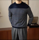 Business Commute Contrast Color Long Sleeves Mens Striped Sweater– White & Navy | Old Money Knitwear Prendersons