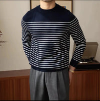Business Commute Contrast Color Long Sleeves Mens Striped Sweater– White & Navy | Old Money Knitwear Prendersons