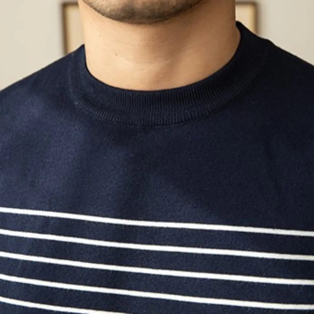 Business Commute Contrast Color Long Sleeves Mens Striped Sweater– White & Navy | Old Money Knitwear Prendersons