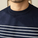 Business Commute Contrast Color Long Sleeves Mens Striped Sweater– White & Navy | Old Money Knitwear Prendersons