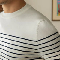 Business Commute Contrast Color Long Sleeves Mens Striped Sweater– White & Navy | Old Money Knitwear Prendersons