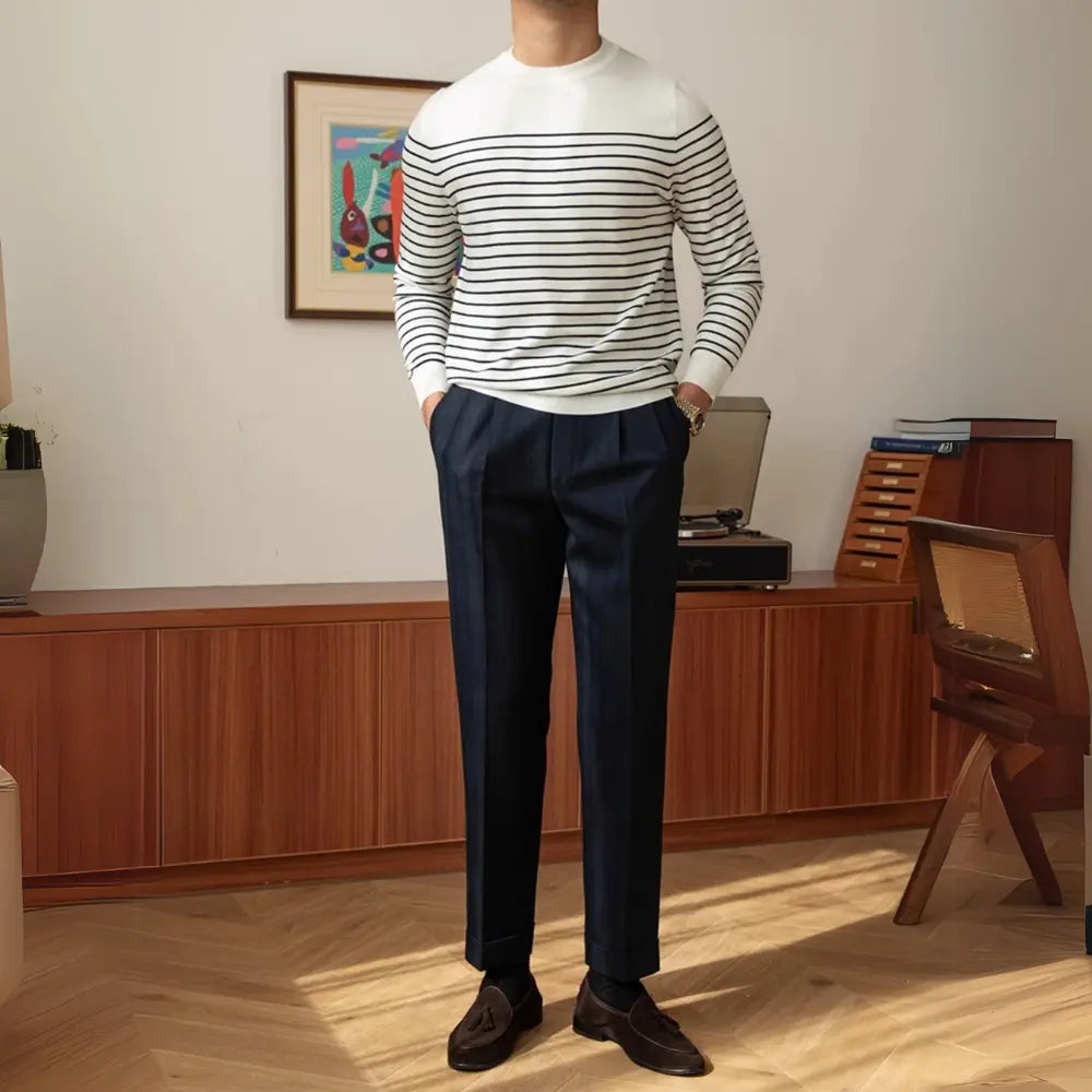 Business Commute Contrast Color Long Sleeves Mens Striped Sweater– White & Navy | Old Money Knitwear Prendersons