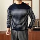 Business Commute Contrast Color Long Sleeves Mens Striped Sweater– White & Navy | Old Money Knitwear Prendersons