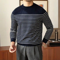 Business Commute Contrast Color Long Sleeves Mens Striped Sweater– White & Navy | Old Money Knitwear Prendersons