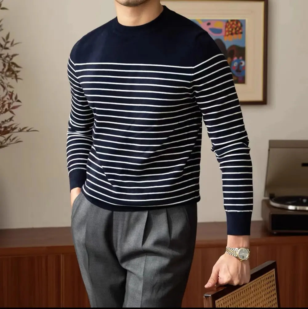 Business Commute Contrast Color Long Sleeves Mens Striped Sweater– White & Navy | Old Money Knitwear Prendersons