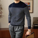 Business Commute Contrast Color Long Sleeves Mens Striped Sweater– White & Navy | Old Money Knitwear Prendersons