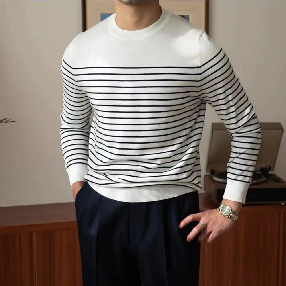 Business Commute Contrast Color Long Sleeves Mens Striped Sweater– White & Navy | Old Money Knitwear Prendersons
