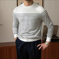 Business Commute Contrast Color Long Sleeves Mens Striped Sweater– White & Navy | Old Money Knitwear Prendersons
