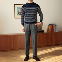 Business Commute Contrast Color Long Sleeves Mens Striped Sweater– White & Navy | Old Money Knitwear Prendersons