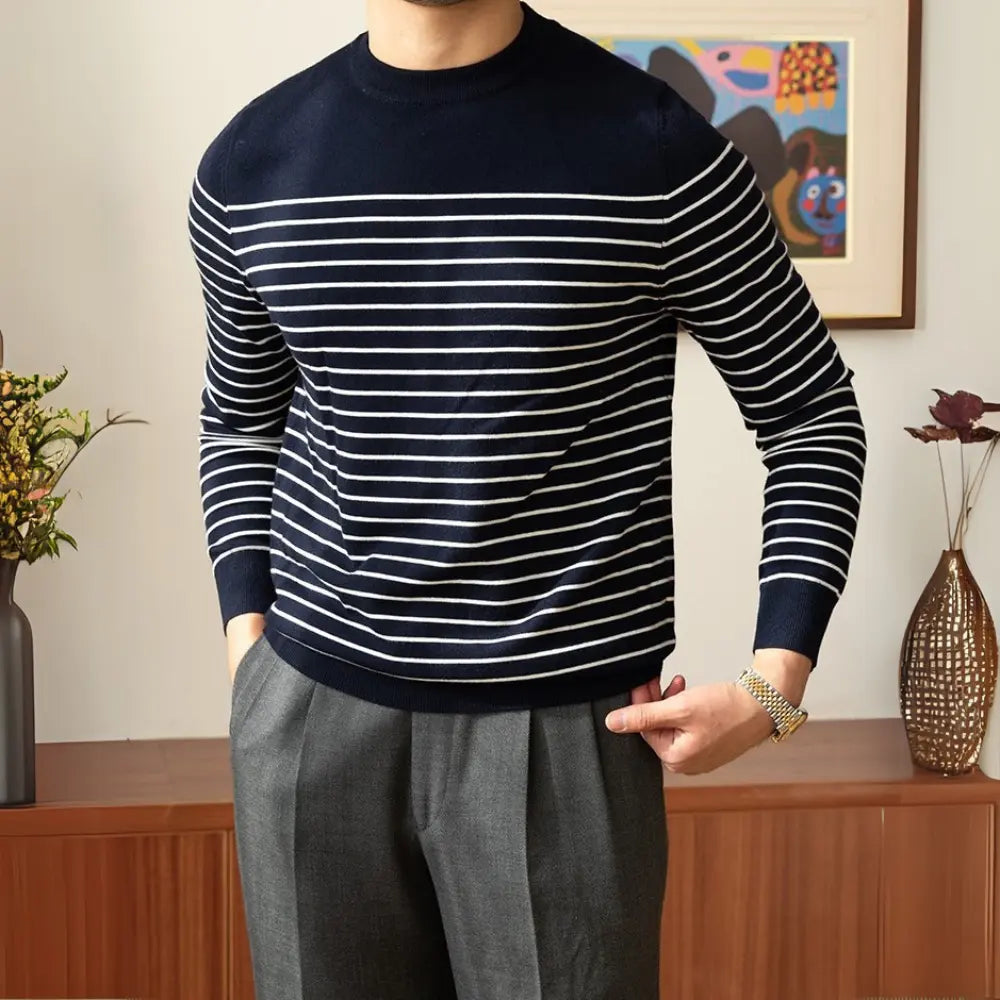 Business Commute Contrast Color Long Sleeves Mens Striped Sweater– White & Navy | Old Money Knitwear Prendersons