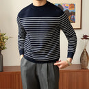 Business Commute Contrast Color Long Sleeves Mens Striped Sweater– White & Navy | Old Money Knitwear Prendersons