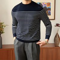 Business Commute Contrast Color Long Sleeves Mens Striped Sweater– White & Navy | Old Money Knitwear Prendersons