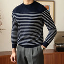 Business Commute Contrast Color Long Sleeves Mens Striped Sweater– White & Navy | Old Money Knitwear Prendersons