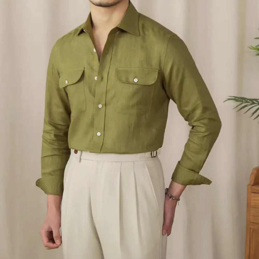 Slim Fit Business Casual Long Sleeve Linen Men's Shirt – Blue, White, Picklesgreen | Old Money Menswear