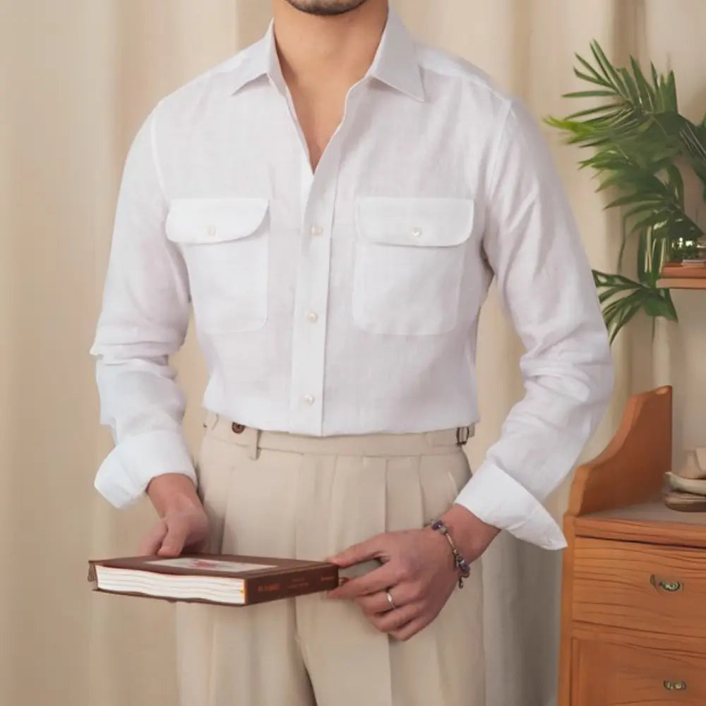 Slim Fit Business Casual Long Sleeve Linen Men's Shirt – Blue, White, Picklesgreen | Old Money Menswear