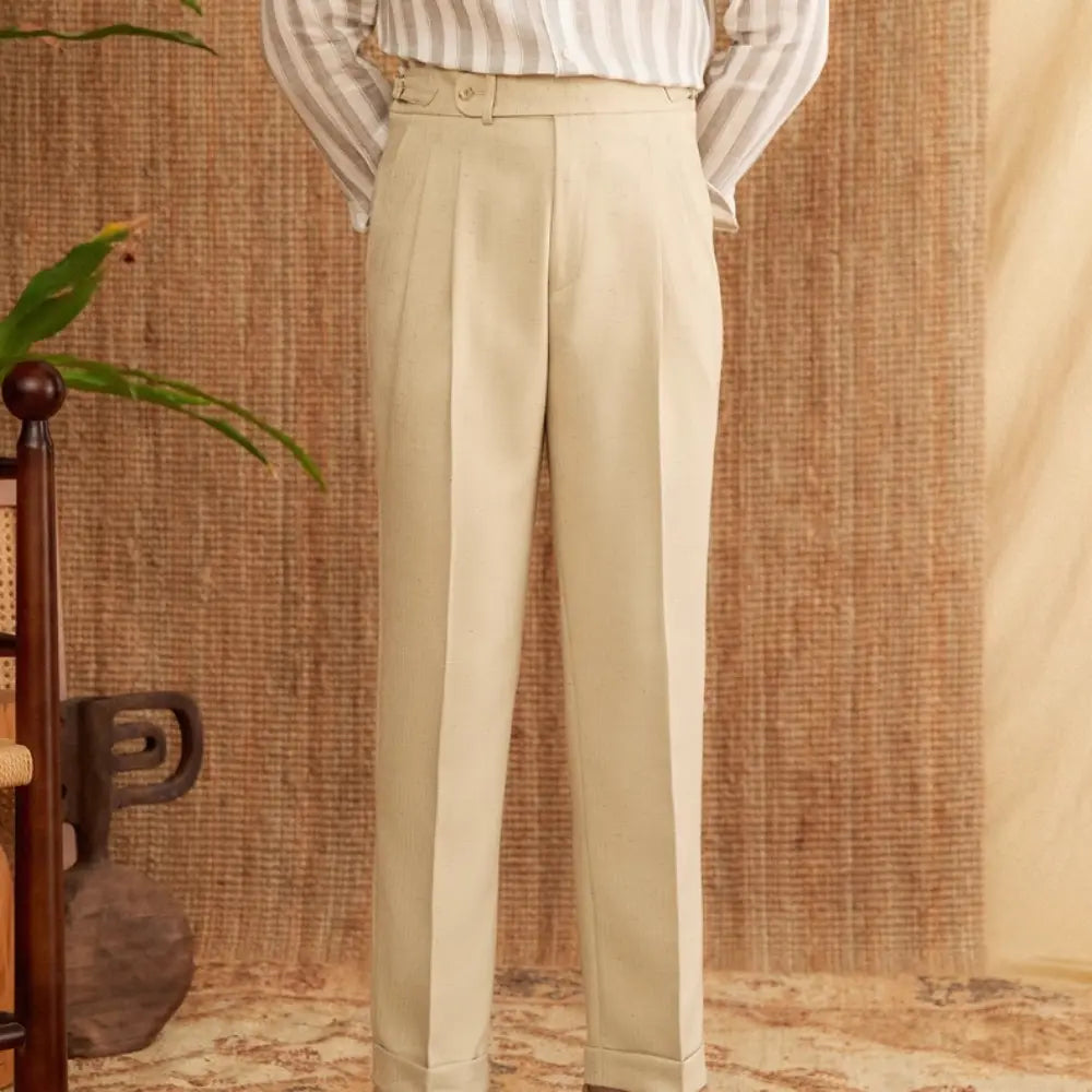 High Waist Double Pleated Pants – Khaki, Beige | Business Casual | Old Money Menswear