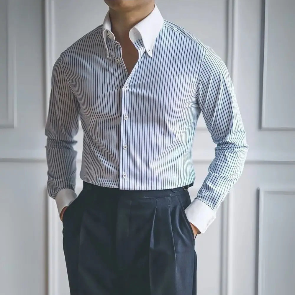 Casual Striped Shirts for Men Long Sleeve Vintage Top – Blue & White | Light Business | Vintage Old Money Style