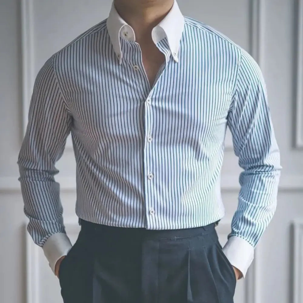 Casual Striped Shirts for Men Long Sleeve Vintage Top – Blue & White | Light Business | Vintage Old Money Style