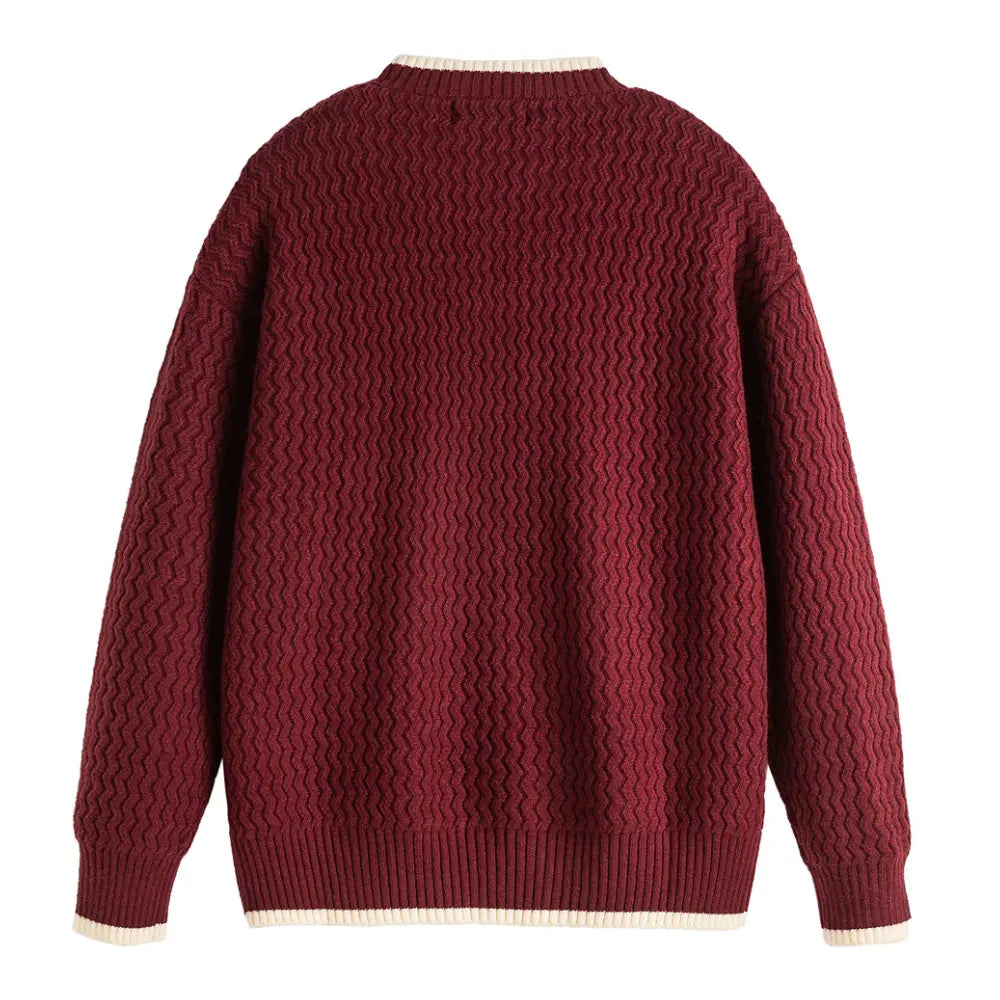 Color-block Crew Neck Sweater Men's Knitted Shirt Top – Grey, Beige & Wine Red | Leisurewear | Japanese Retro Style Prendersons