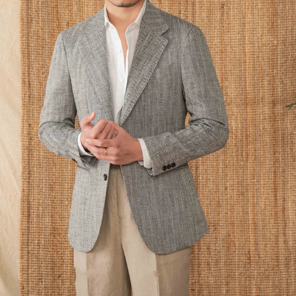 Tailored Herringbone Suit Jacket – Black or Brown | Business Casual | Old Money Texture