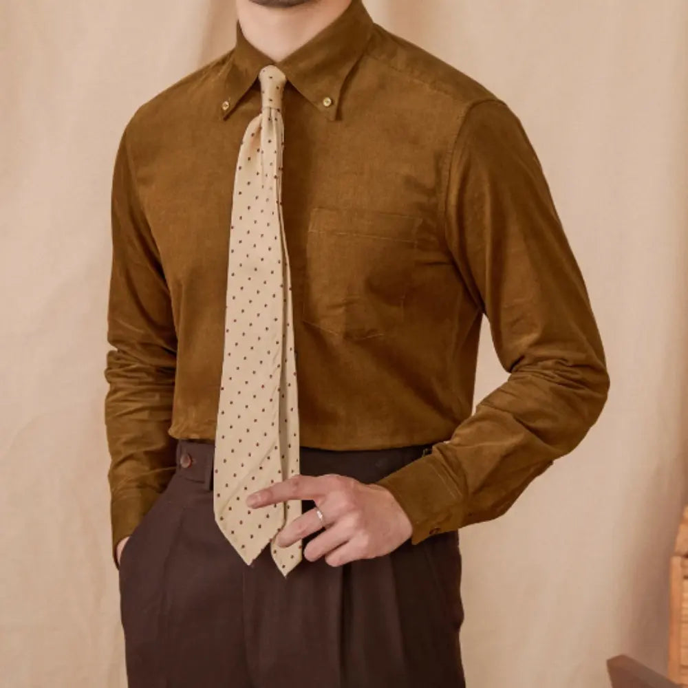 Regular Fit Corduroy Long Sleeve Shirt – Coffee Colour | Autumn Business Casual | American Style