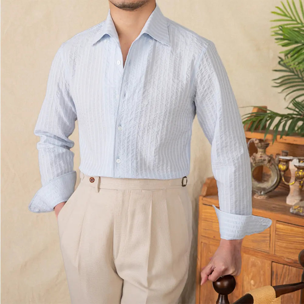Cotton Seersucker Thin Long-sleeved Shirt One Collar Casual Shirt Prendersons