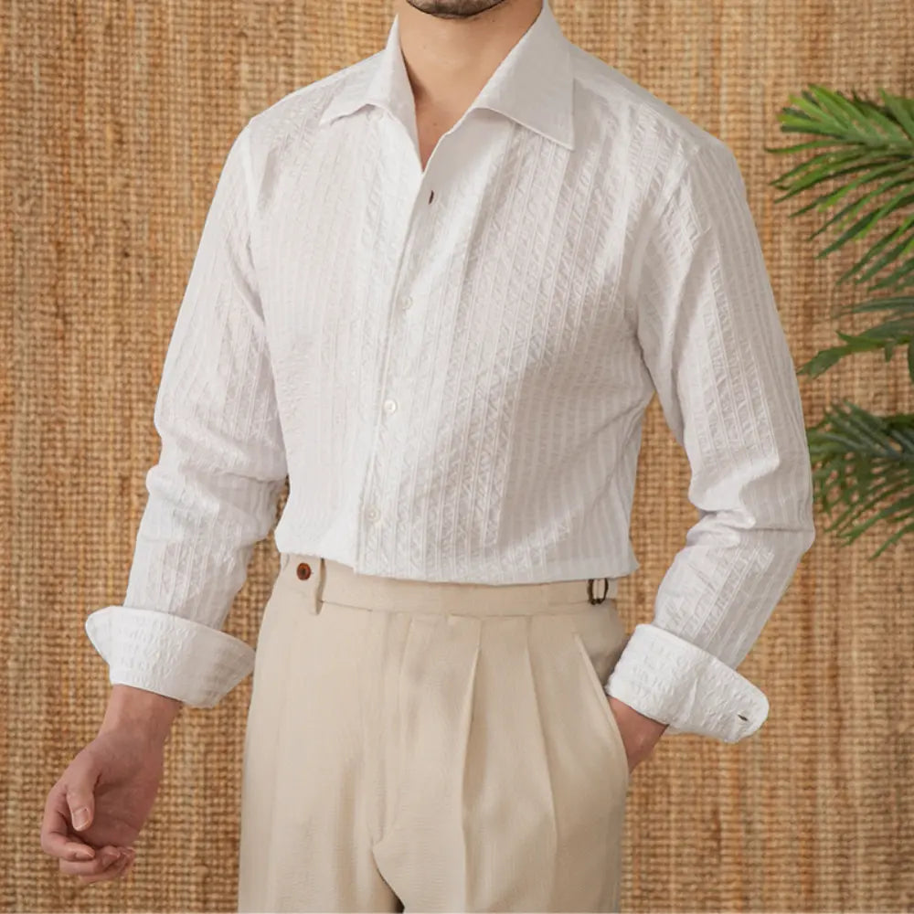 Cotton Seersucker Thin Long-sleeved Shirt One Collar Casual Shirt Prendersons