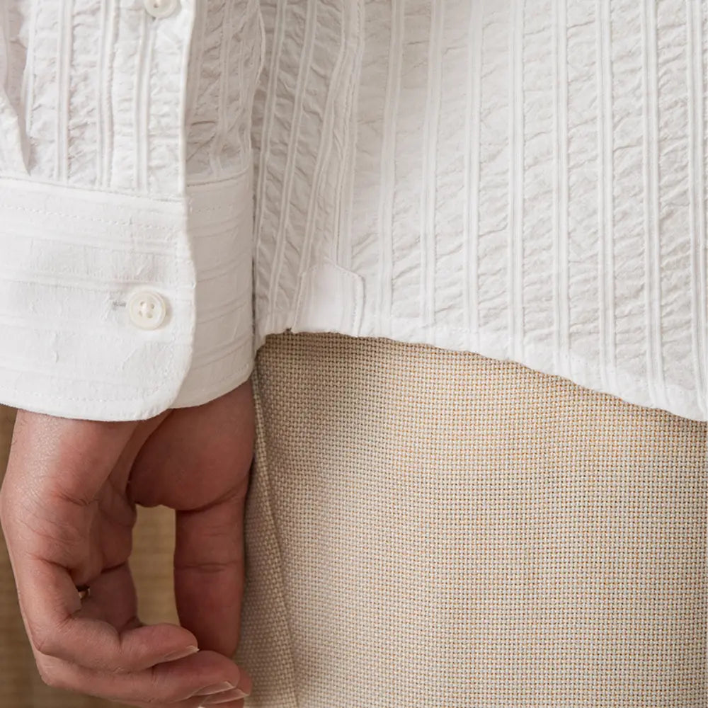 Cotton Seersucker Thin Long-sleeved Shirt One Collar Casual Shirt Prendersons