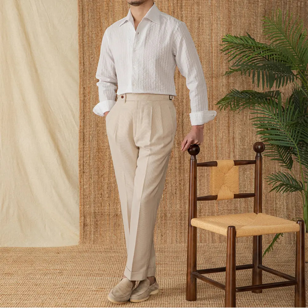 Cotton Seersucker Thin Long-sleeved Shirt One Collar Casual Shirt Prendersons