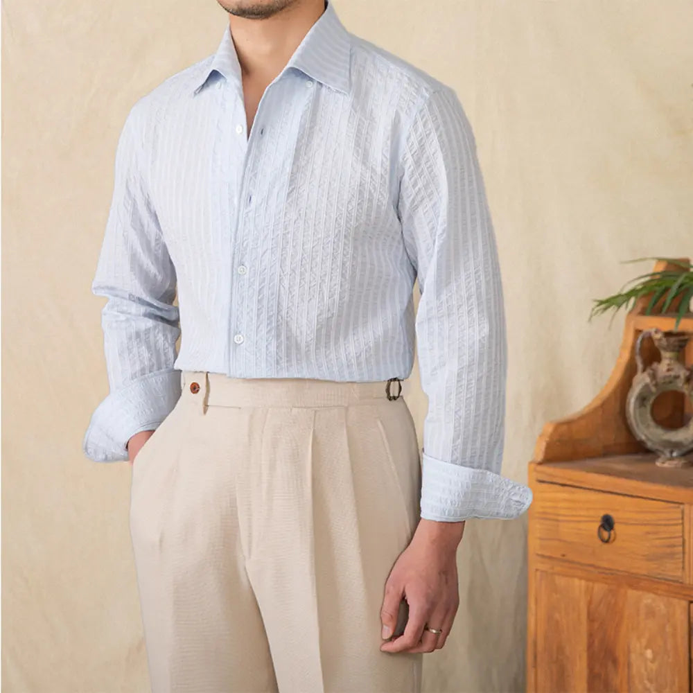Cotton Seersucker Thin Long-sleeved Shirt One Collar Casual Shirt Prendersons