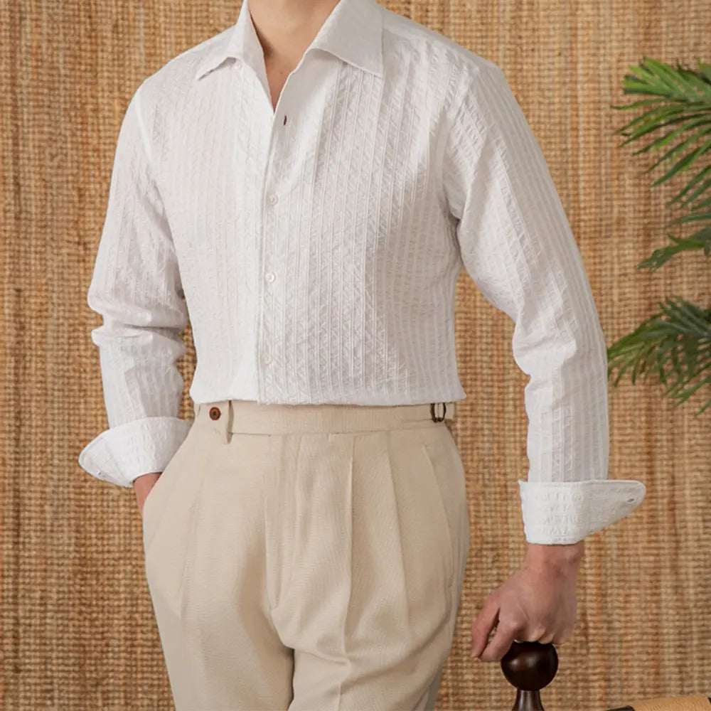 Cotton Seersucker Thin Long-sleeved Shirt One Collar Casual Shirt Prendersons
