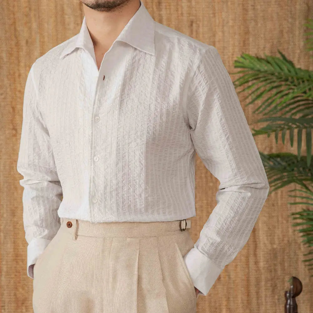Cotton Seersucker Thin Long-sleeved Shirt One Collar Casual Shirt Prendersons