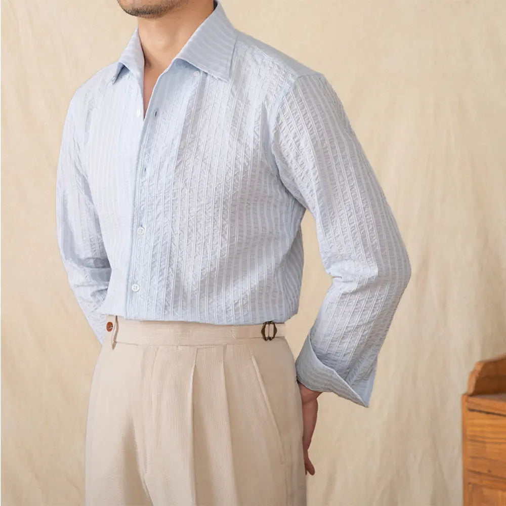 Cotton Seersucker Thin Long-sleeved Shirt One Collar Casual Shirt Prendersons