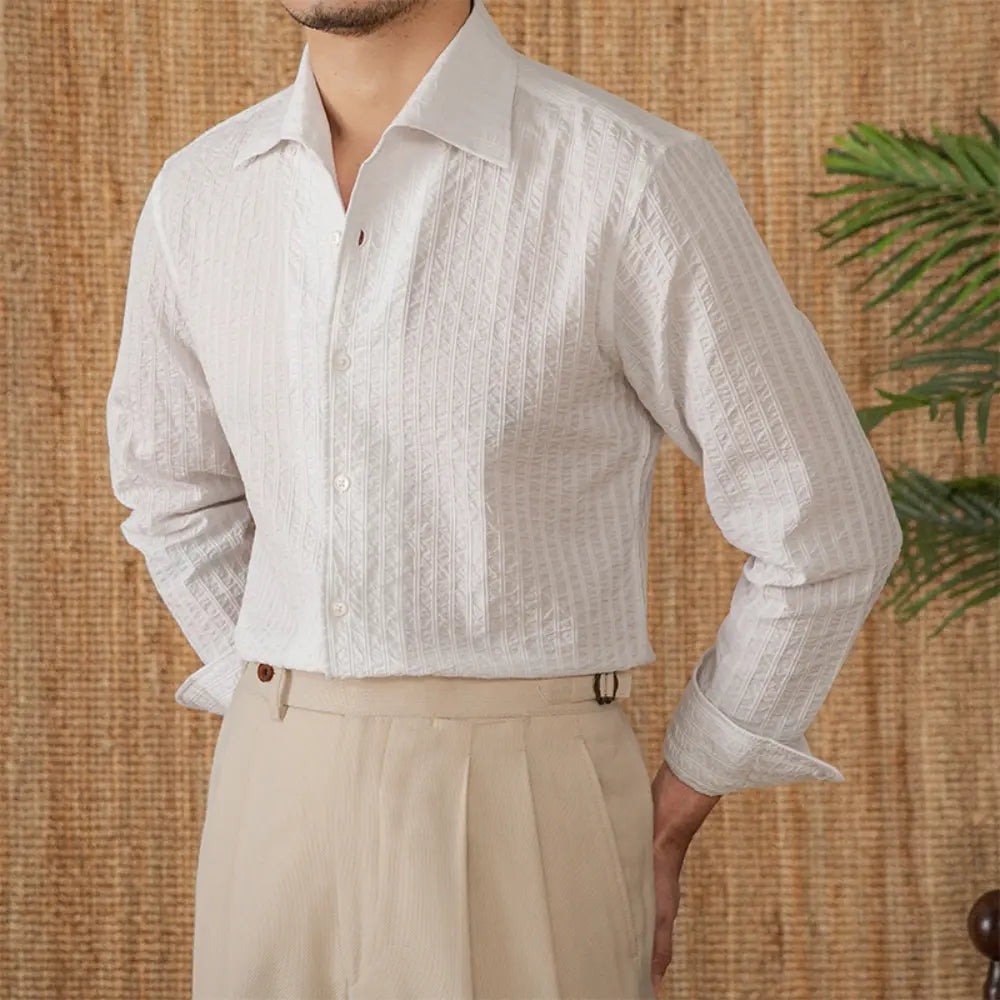 Cotton Seersucker Thin Long-sleeved Shirt One Collar Casual Shirt Prendersons