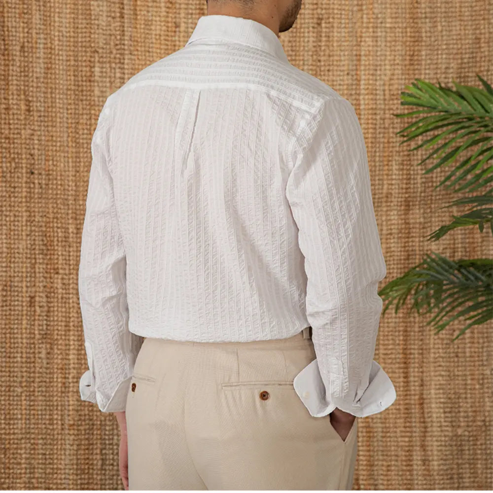 Cotton Seersucker Thin Long-sleeved Shirt One Collar Casual Shirt Prendersons