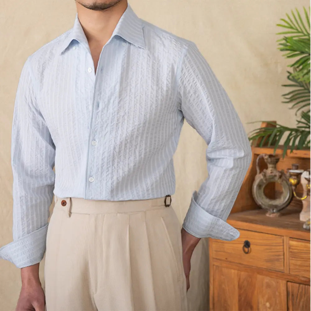 Cotton Seersucker Thin Long-sleeved Shirt One Collar Casual Shirt Prendersons