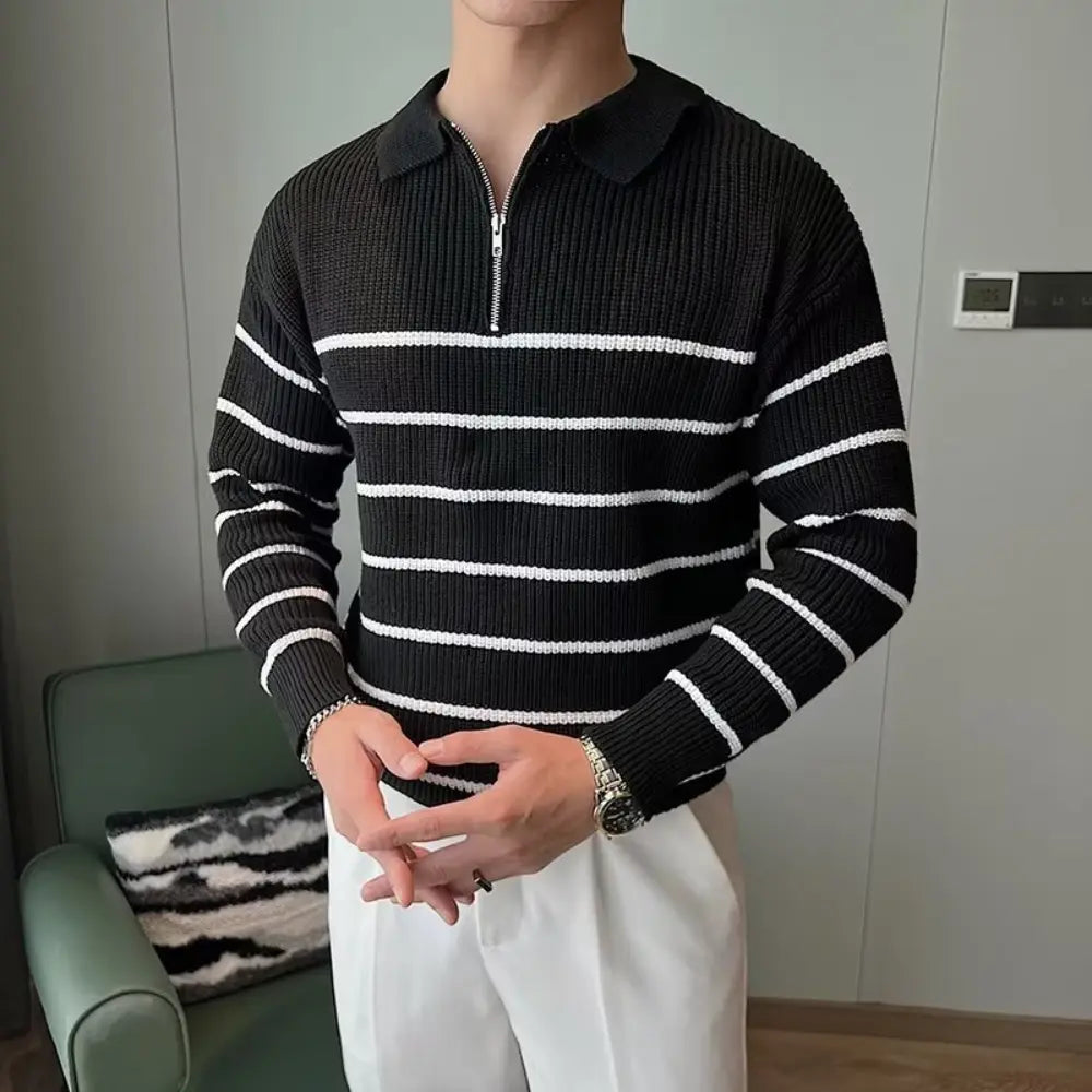 Design Half Zipper Striped Sweater For Men – Black & Blue | Casual Layering | Old Money Knitwear