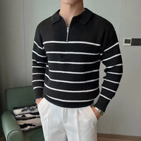 Design Half Zipper Striped Sweater For Men – Black & Blue | Casual Layering | Old Money Knitwear Prendersons