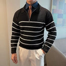 Design Half Zipper Striped Sweater For Men – Black & Blue | Casual Layering | Old Money Knitwear Prendersons