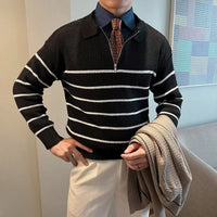 Design Half Zipper Striped Sweater For Men – Black & Blue | Casual Layering | Old Money Knitwear Prendersons