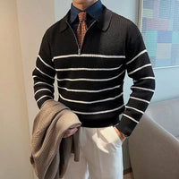 Design Half Zipper Striped Sweater For Men – Black & Blue | Casual Layering | Old Money Knitwear Prendersons