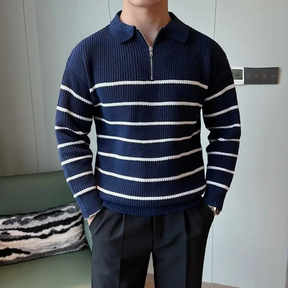 Design Half Zipper Striped Sweater For Men – Black & Blue | Casual Layering | Old Money Knitwear Prendersons