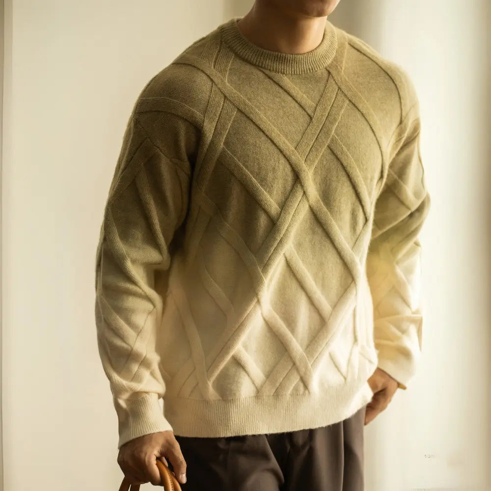 Diamond Lattice Jacquard Gradient Sweater – Khaki Green | Autumn Daily Wear | Retro Gradient Aesthetic